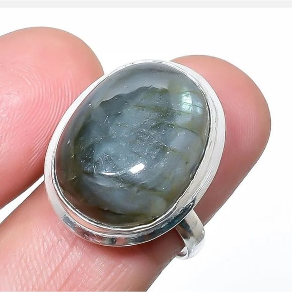Sterling Silver handmade large genuine labradorite oval boho ring new sz 9 - Picture 1 of 4